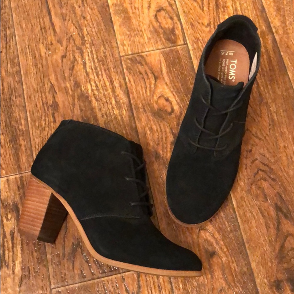 Toms Black Suede Lace-Up Ankle Booties with Wood Block Heel